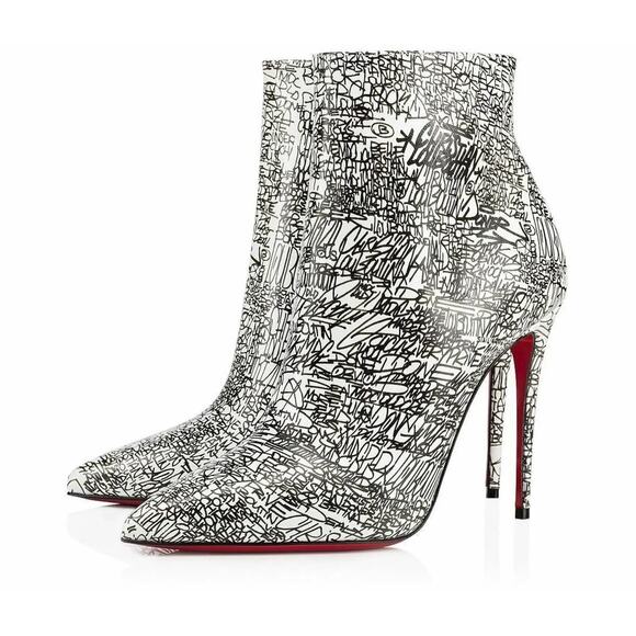 Christian Louboutin So Kate Booty White Graffiti Patent Heels Ankle Boots 39.5 - Picture 1 of 6